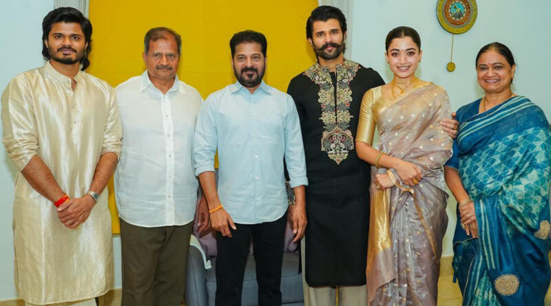 Telangana CM Revanth Reddy blessing newlywed couple Vijay Deverakonda and Rashmika Mandanna at their home