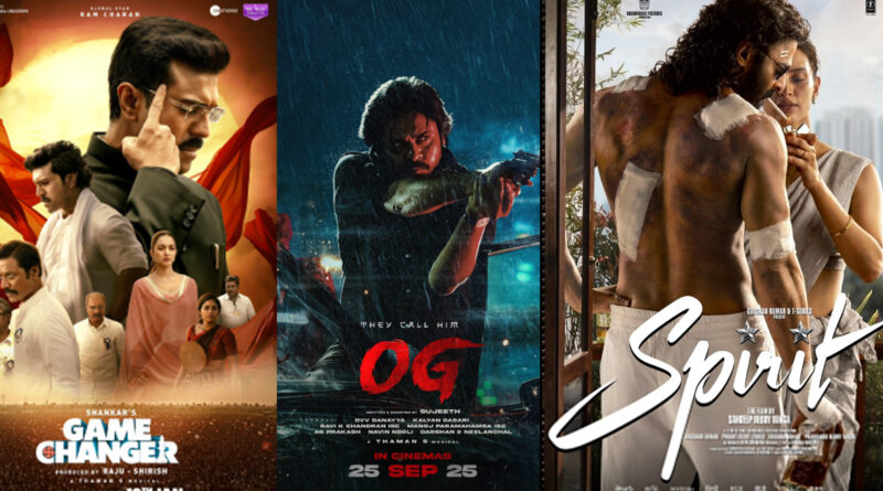 Pan-India movie posters with English titles like Game Changer, Spirit, and Toxic