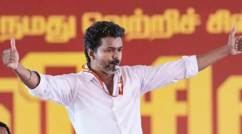Thalapathy Vijay showing victory sign after TVK party historical win in Tamil Nadu Assembly Elections 2026