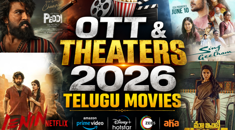 Tollywood movie theater screen and OTT streaming platforms logos collage representing 8 weeks release rule