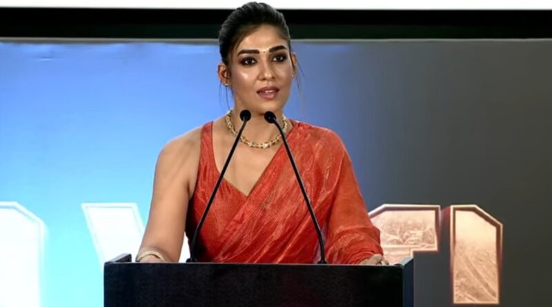 Nayanthara praising Yash hard work at Toxik movie trailer launch event in red saree